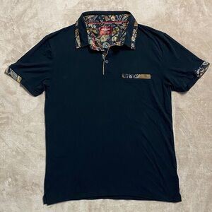 Consequence Knitwear Men's Black Polo Shirt with Floral Accents Size Medium